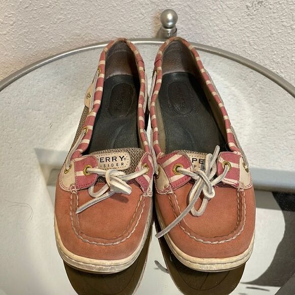 Sperry Angelfish Stripe Leather Boat Shoes pink and tan size 7.5 - Picture 2 of 9